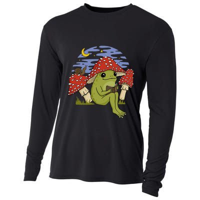 Book Fan Frog with Mushroom Hat Cottagecore Goblincore Cooling Performance Long Sleeve Crew