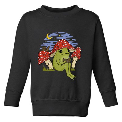 Book Fan Frog with Mushroom Hat Cottagecore Goblincore Toddler Sweatshirt