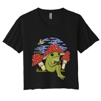 Book Fan Frog with Mushroom Hat Cottagecore Goblincore Crop Top