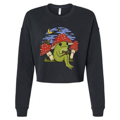 Book Fan Frog with Mushroom Hat Cottagecore Goblincore Cropped Pullover Crew