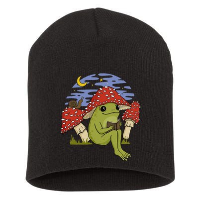 Book Fan Frog with Mushroom Hat Cottagecore Goblincore Short Acrylic Beanie