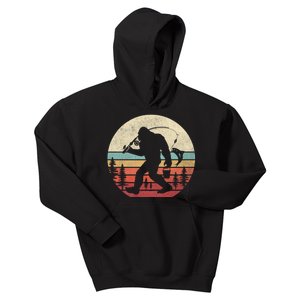 Bigfoot Fishing Funny Retro Sasquatch Dad Kids Hoodie