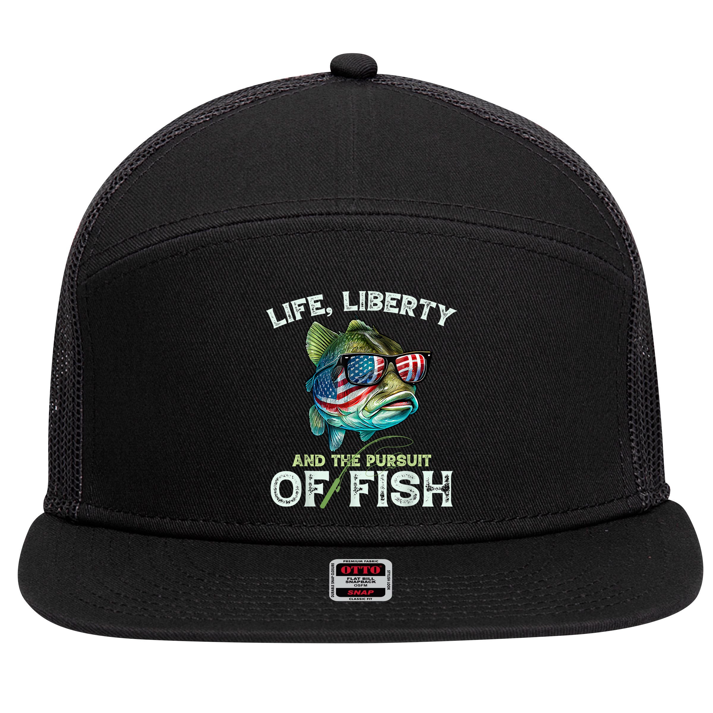 Bass Fish Fishing 4th Of July Fourth American Flag Bass Dad 7 Panel Mesh Trucker Snapback Hat