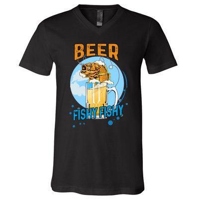 Beer Fishy Fishy Beer Fish Lover Funny Blue Sky V-Neck T-Shirt