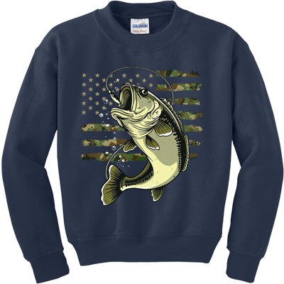 Bass Fish Fishing Usa American Flag Camouflage Fisherman Kids Sweatshirt