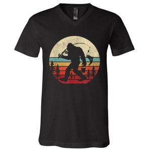 Bigfoot Fishing Funny Retro Sasquatch Fishermen Men V-Neck T-Shirt