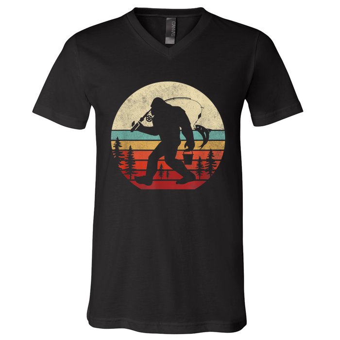 Bigfoot Fishing Funny Retro Sasquatch Fishermen Men V-Neck T-Shirt