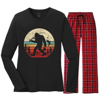 Bigfoot Fishing Funny Retro Sasquatch Fishermen Men Women's Long Sleeve Flannel Pajama Set 