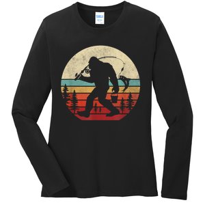 Bigfoot Fishing Funny Retro Sasquatch Fishermen Men Ladies Long Sleeve Shirt