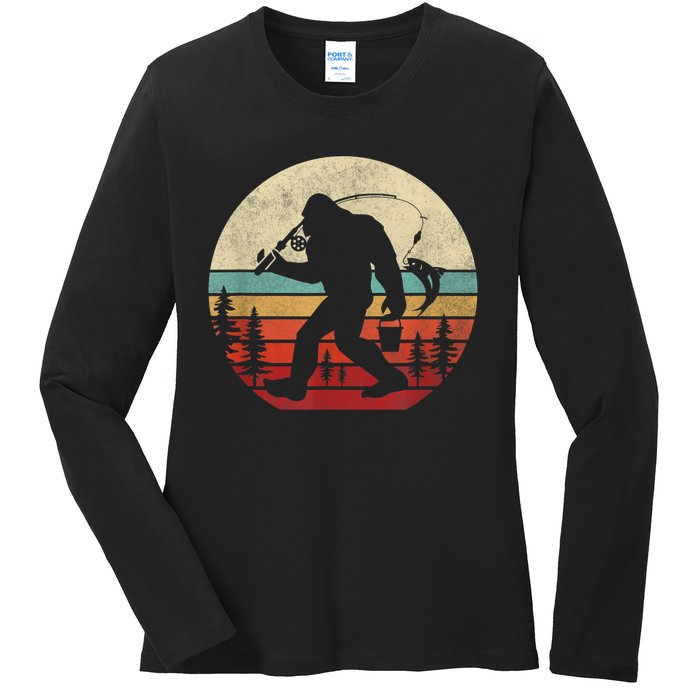 Bigfoot Fishing Funny Retro Sasquatch Fishermen Men Ladies Long Sleeve Shirt