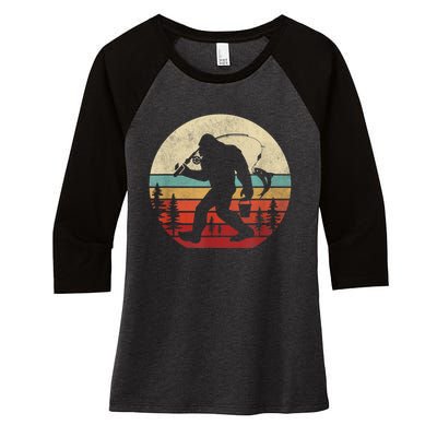 Bigfoot Fishing Funny Retro Sasquatch Fishermen Men Women's Tri-Blend 3/4-Sleeve Raglan Shirt