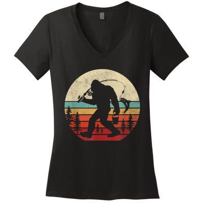 Bigfoot Fishing Funny Retro Sasquatch Fishermen Men Women's V-Neck T-Shirt