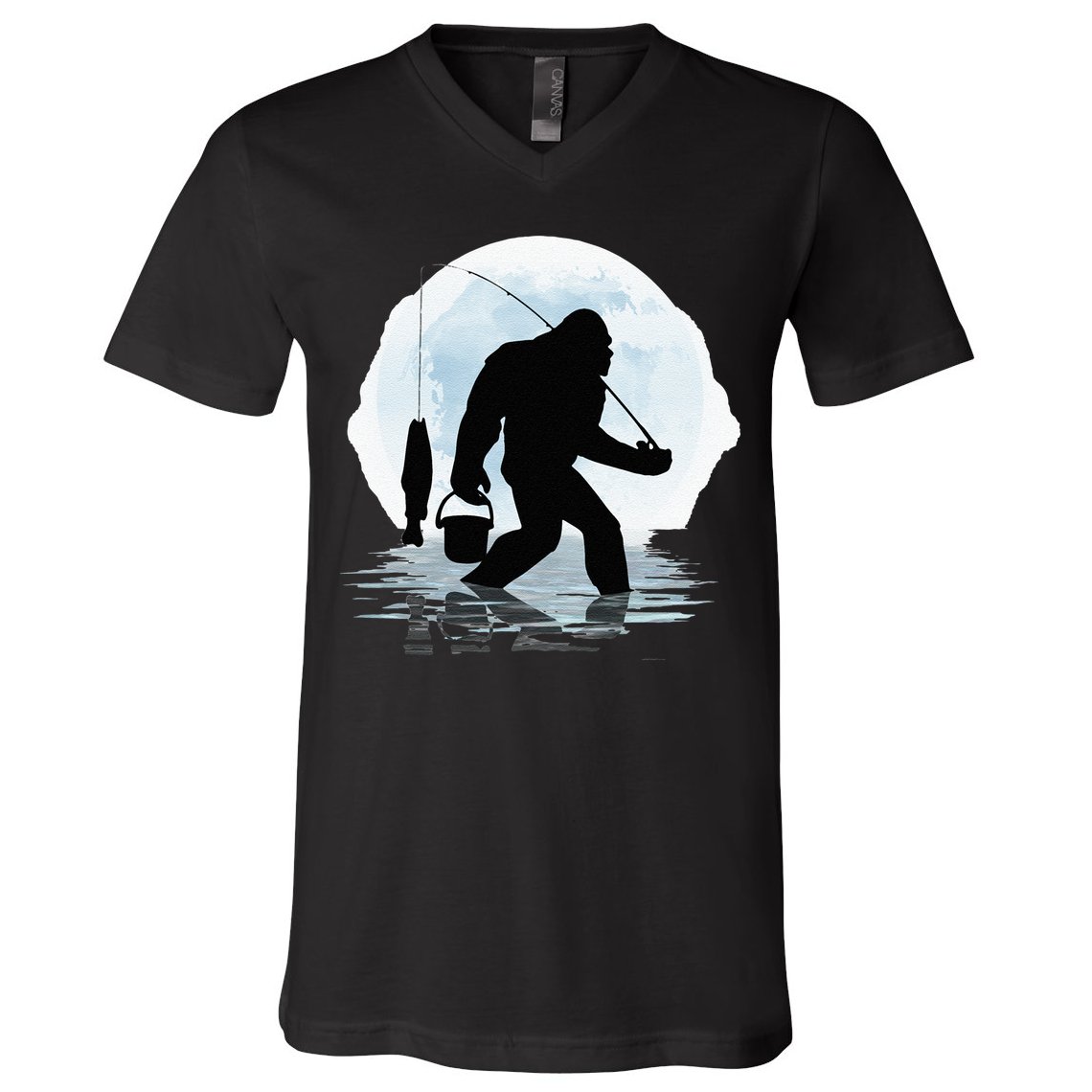 Bigfoot Fishing Funny Sasquatch And Fish Night Fishing V-Neck T-Shirt