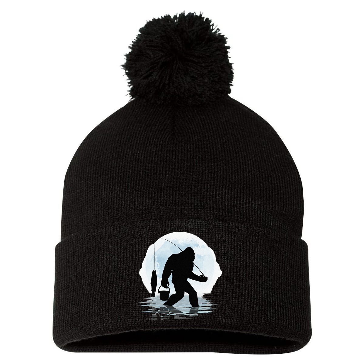 Bigfoot Fishing Funny Sasquatch And Fish Night Fishing Pom Pom 12in Knit Beanie