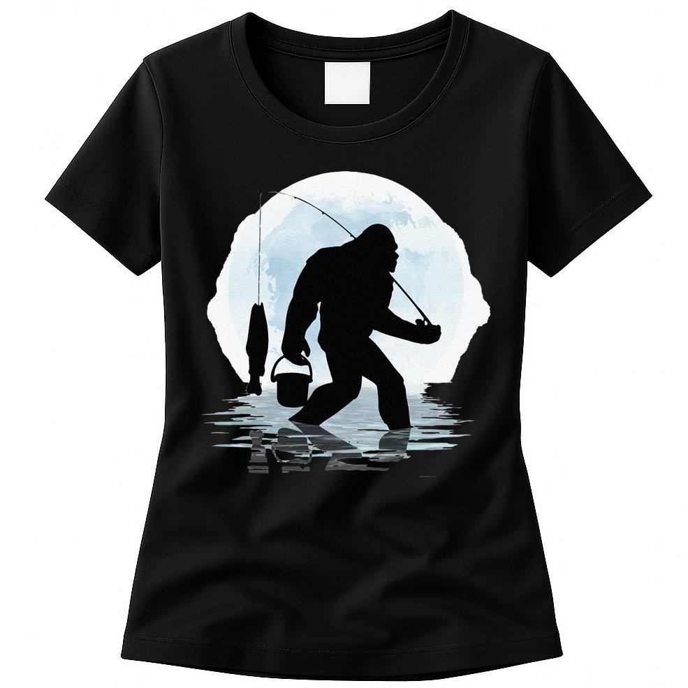 Bigfoot Fishing Funny Sasquatch And Fish Night Fishing Womens T-Shirt