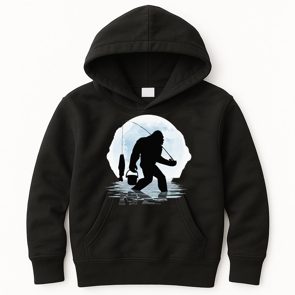 Bigfoot Fishing Funny Sasquatch And Fish Night Fishing Kids Hoodie