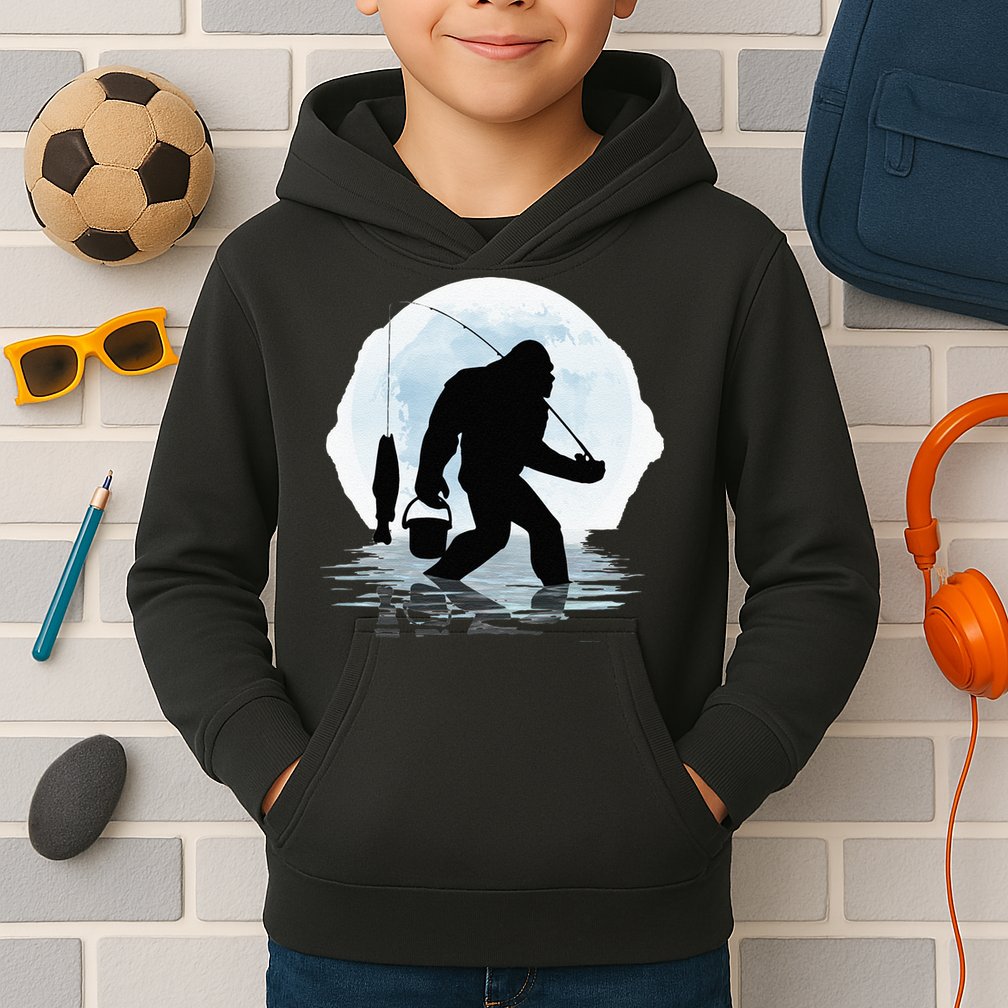 Bigfoot Fishing Funny Sasquatch And Fish Night Fishing Kids Hoodie