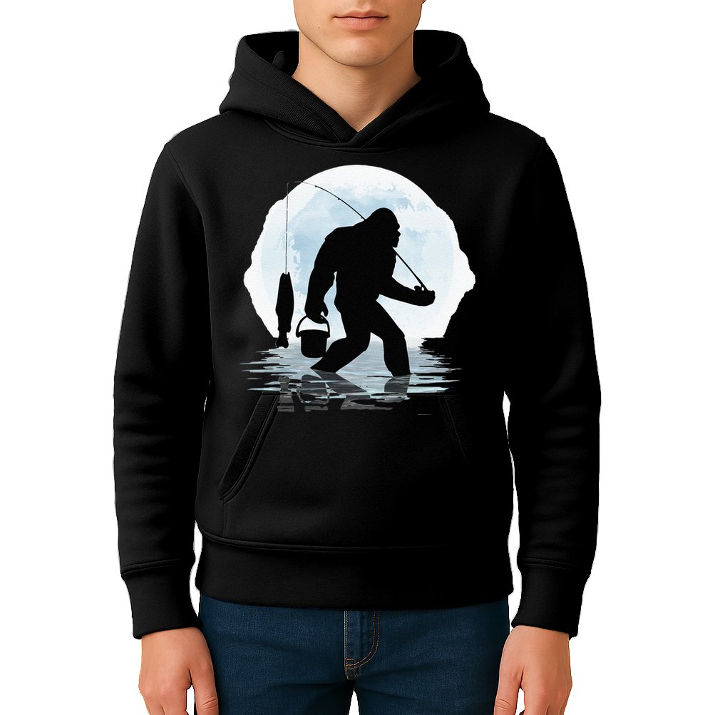 Bigfoot Fishing Funny Sasquatch And Fish Night Fishing Kids Hoodie