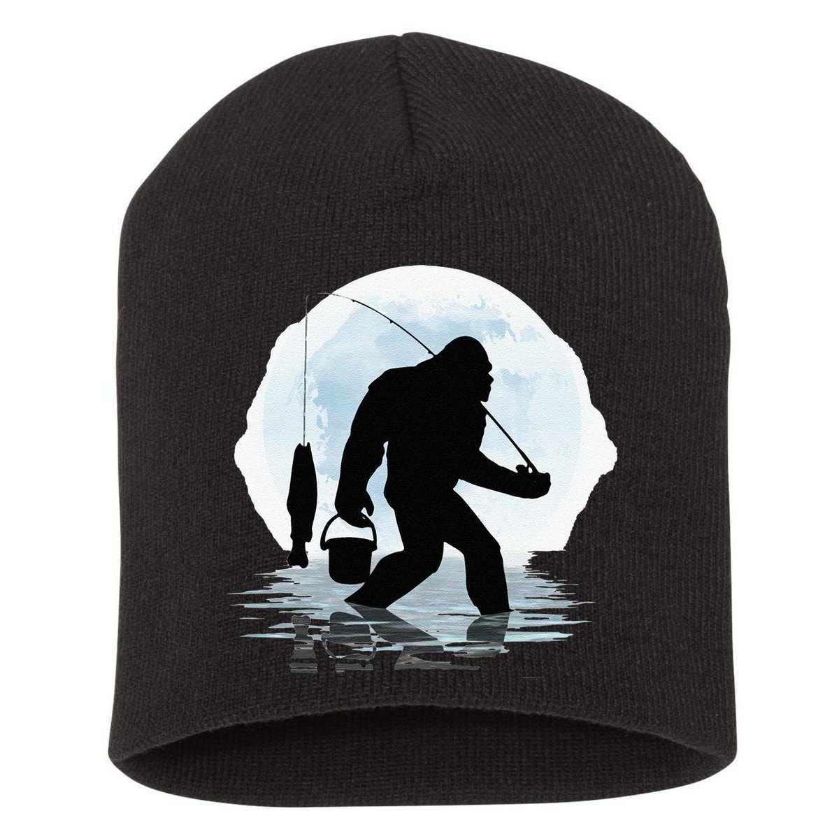 Bigfoot Fishing Funny Sasquatch And Fish Night Fishing Short Acrylic Beanie
