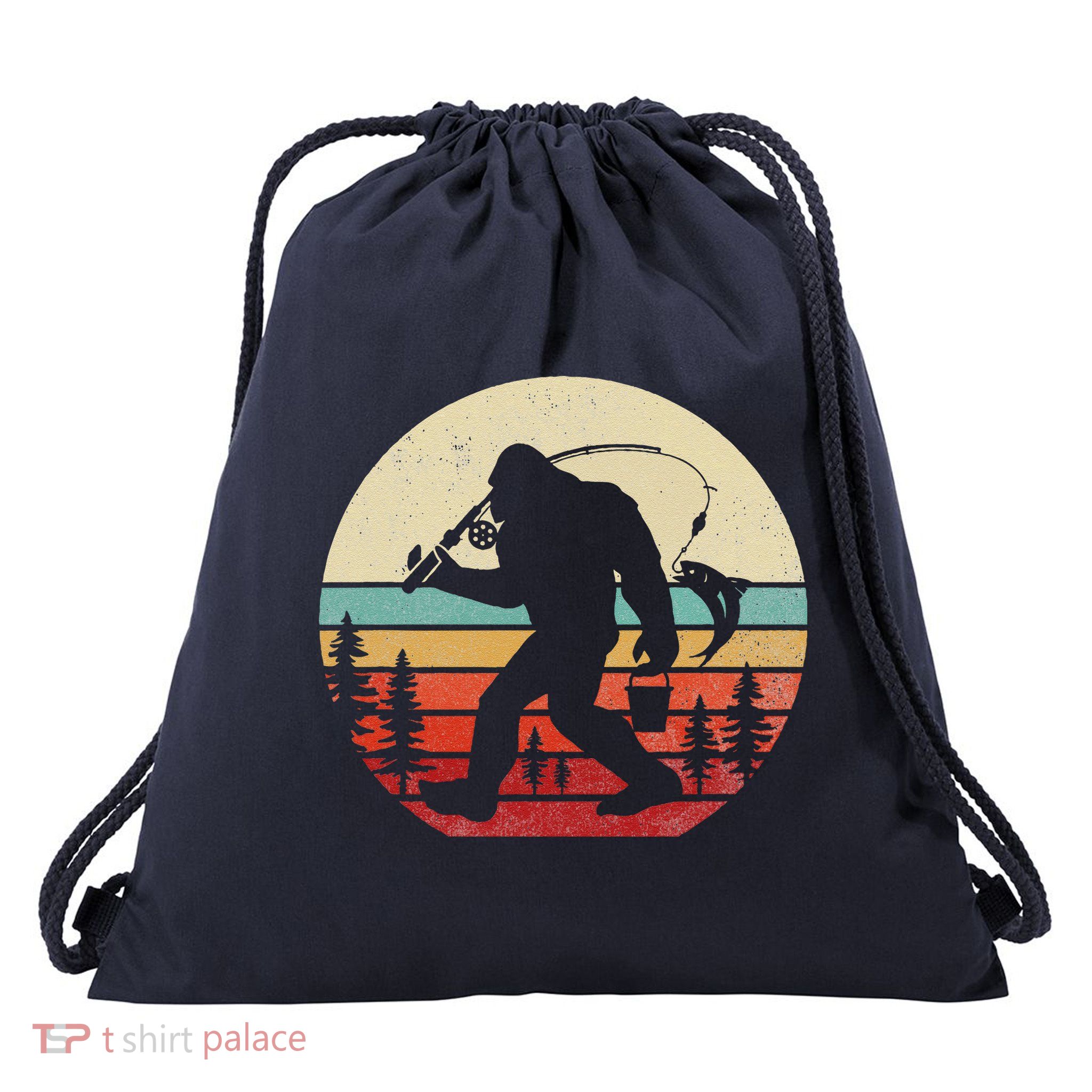 Bigfoot Fishing Funny Retro Sasquatch Dad Drawstring Bag