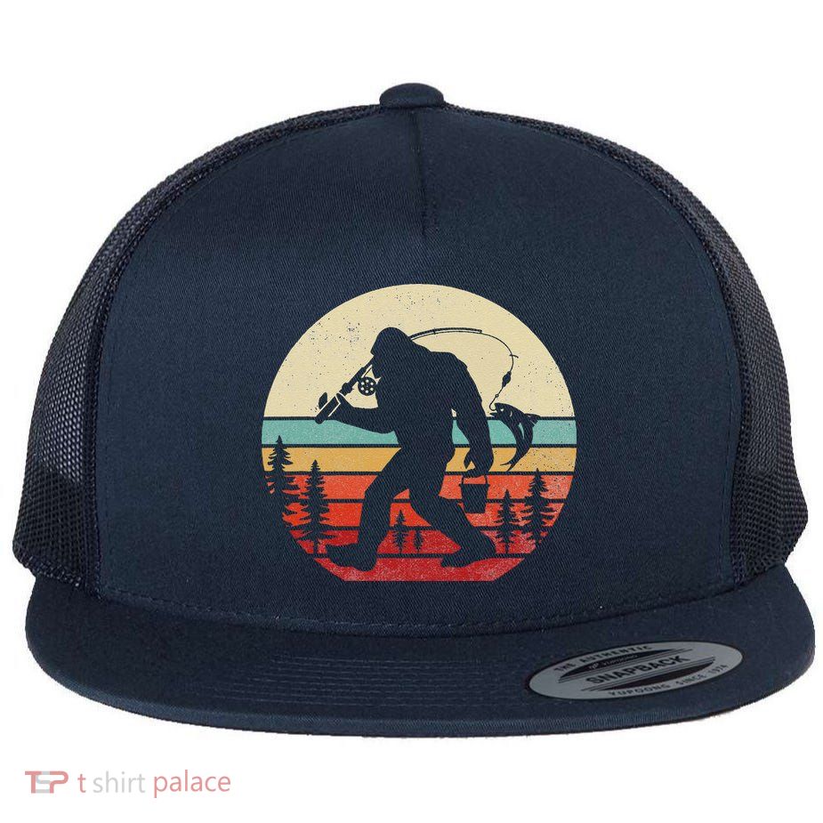Bigfoot Fishing Funny Retro Sasquatch Dad Flat Bill Trucker Hat