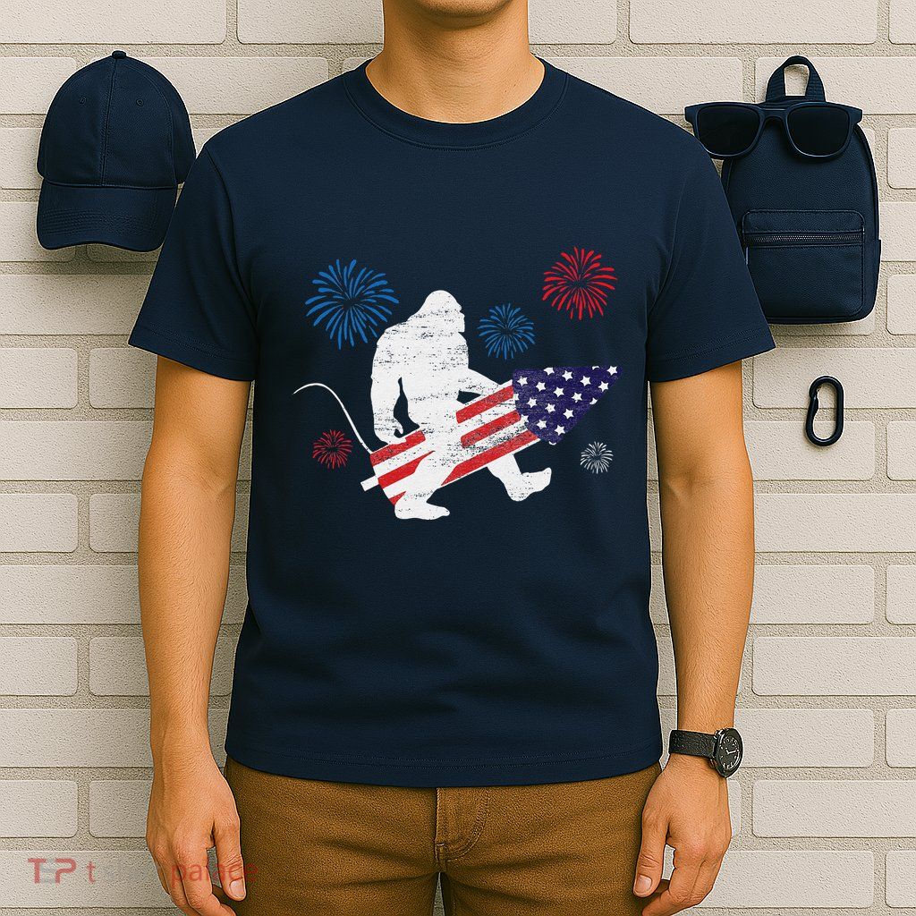Bigfoot Fireworks Funny 4th Of July Sasquatch Patriotic T-Shirt