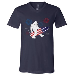 Bigfoot Fireworks Funny 4th Of July Sasquatch Patriotic V-Neck T-Shirt