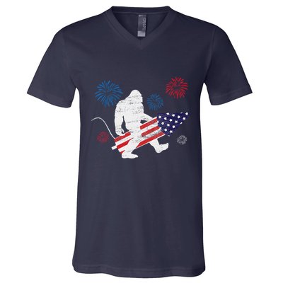 Bigfoot Fireworks Funny 4th Of July Sasquatch Patriotic V-Neck T-Shirt