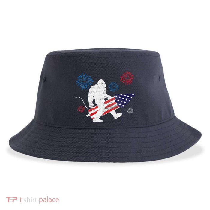 Bigfoot Fireworks Funny 4th Of July Sasquatch Patriotic Sustainable Bucket Hat