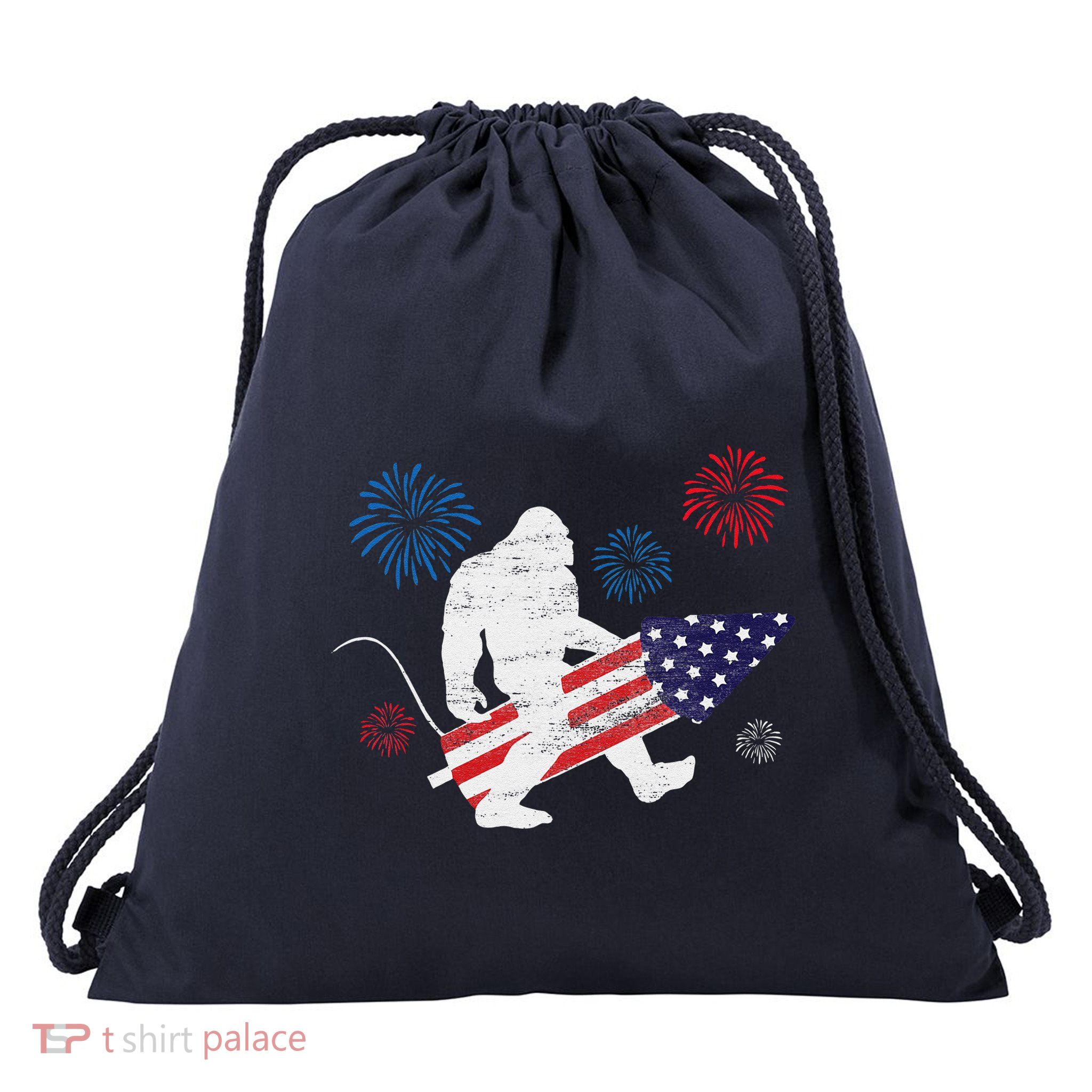 Bigfoot Fireworks Funny 4th Of July Sasquatch Patriotic Drawstring Bag