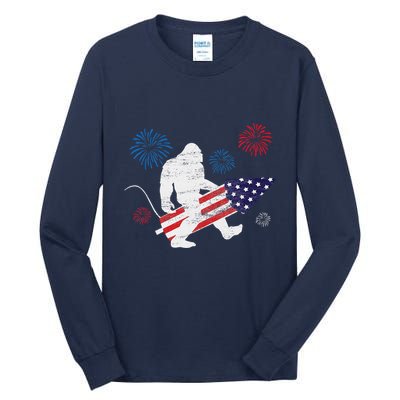 Bigfoot Fireworks Funny 4th Of July Sasquatch Patriotic Tall Long Sleeve T-Shirt