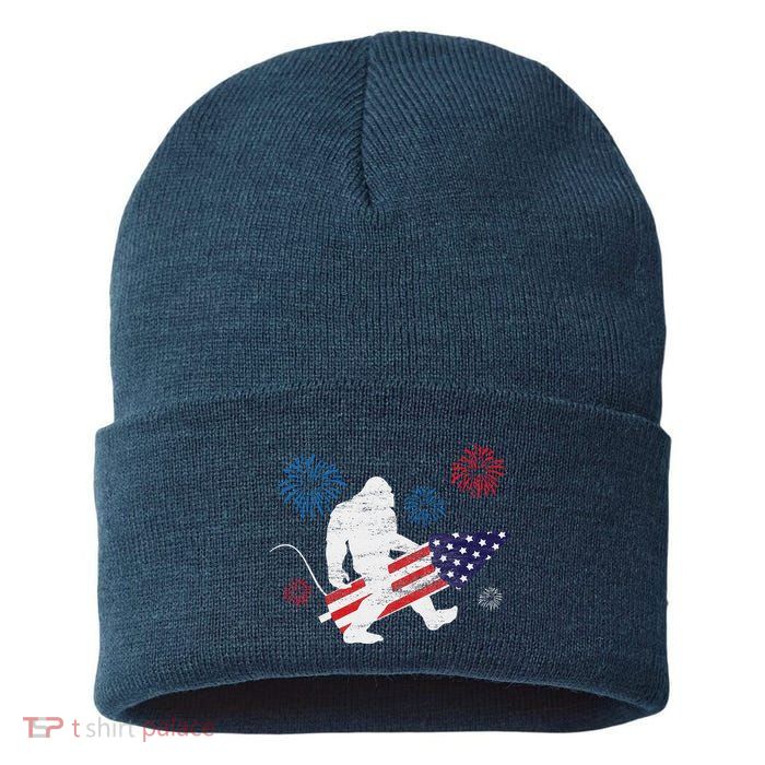 Bigfoot Fireworks Funny 4th Of July Sasquatch Patriotic Sustainable Knit Beanie