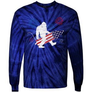 Bigfoot Fireworks Funny 4th Of July Sasquatch Patriotic Tie-Dye Long Sleeve Shirt