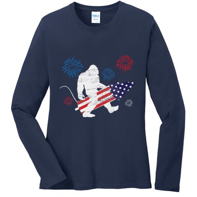 Bigfoot Fireworks Funny 4th Of July Sasquatch Patriotic Ladies Long Sleeve Shirt