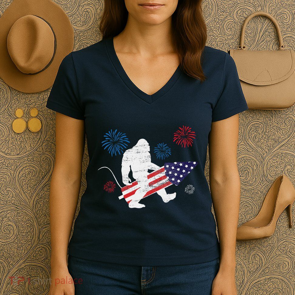 Bigfoot Fireworks Funny 4th Of July Sasquatch Patriotic Women's V-Neck T-Shirt