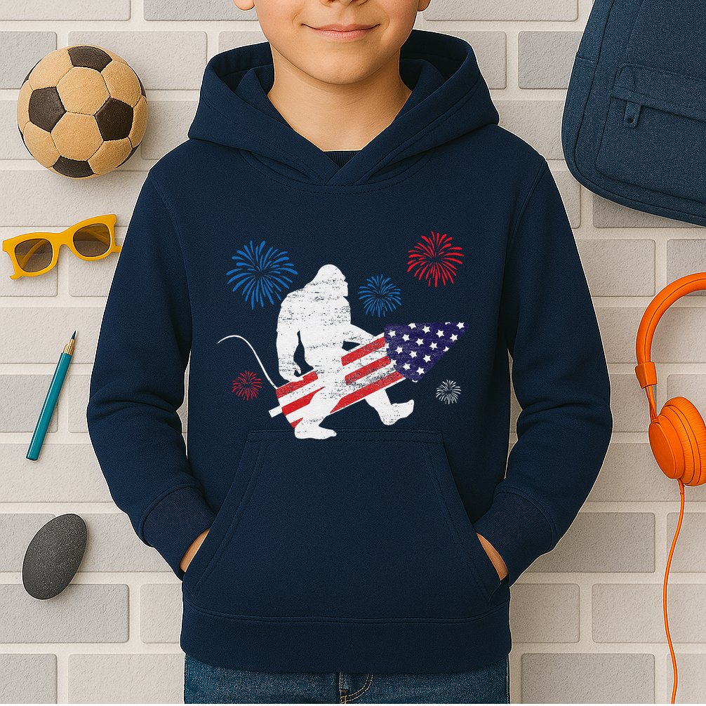 Bigfoot Fireworks Funny 4th Of July Sasquatch Patriotic Kids Hoodie