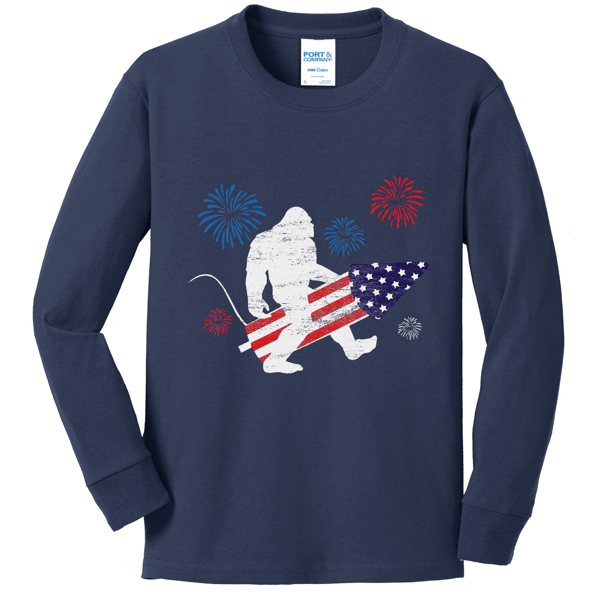 Bigfoot Fireworks Funny 4th Of July Sasquatch Patriotic Kids Long Sleeve Shirt