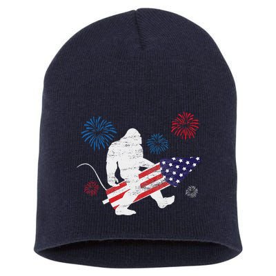 Bigfoot Fireworks Funny 4th Of July Sasquatch Patriotic Short Acrylic Beanie