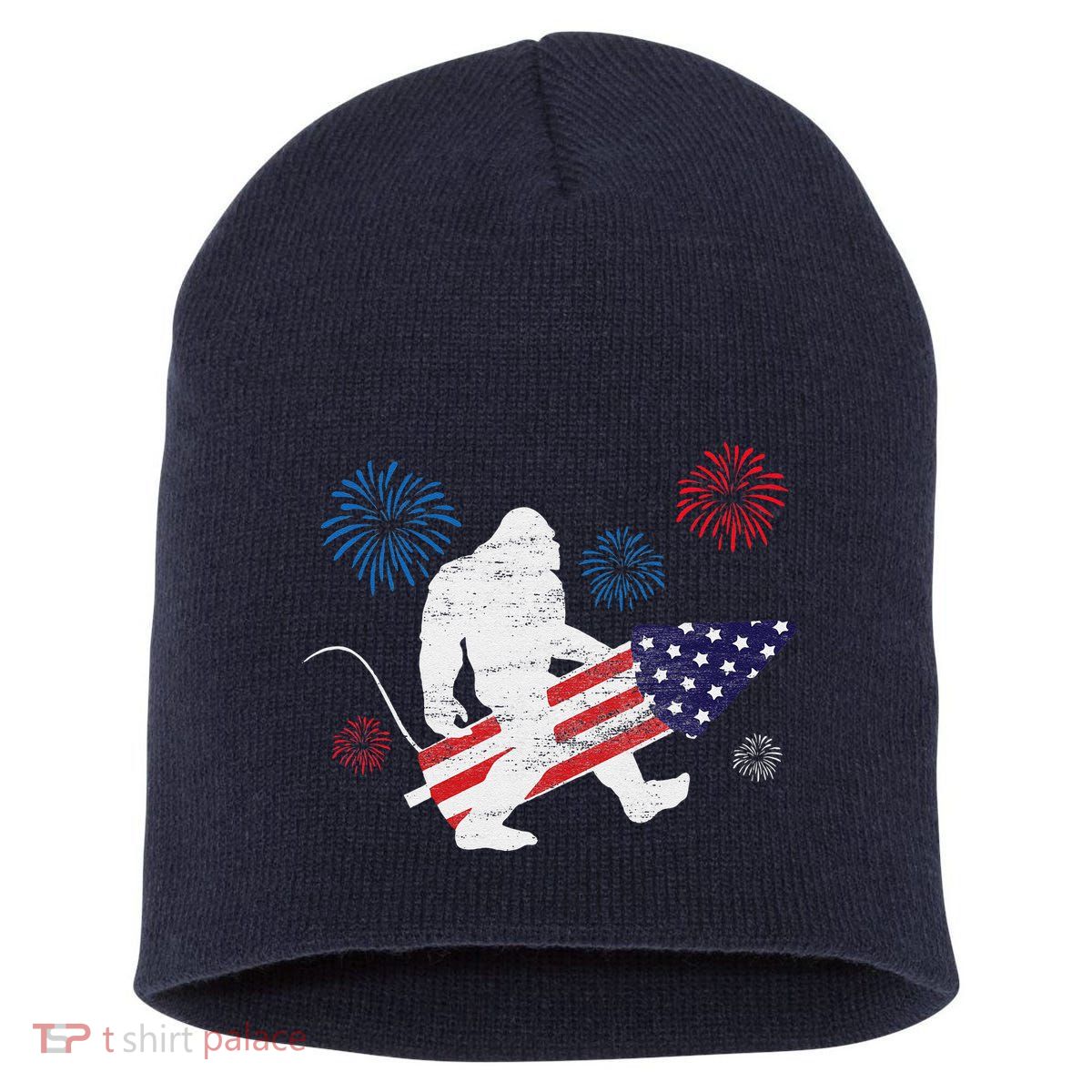 Bigfoot Fireworks Funny 4th Of July Sasquatch Patriotic Short Acrylic Beanie