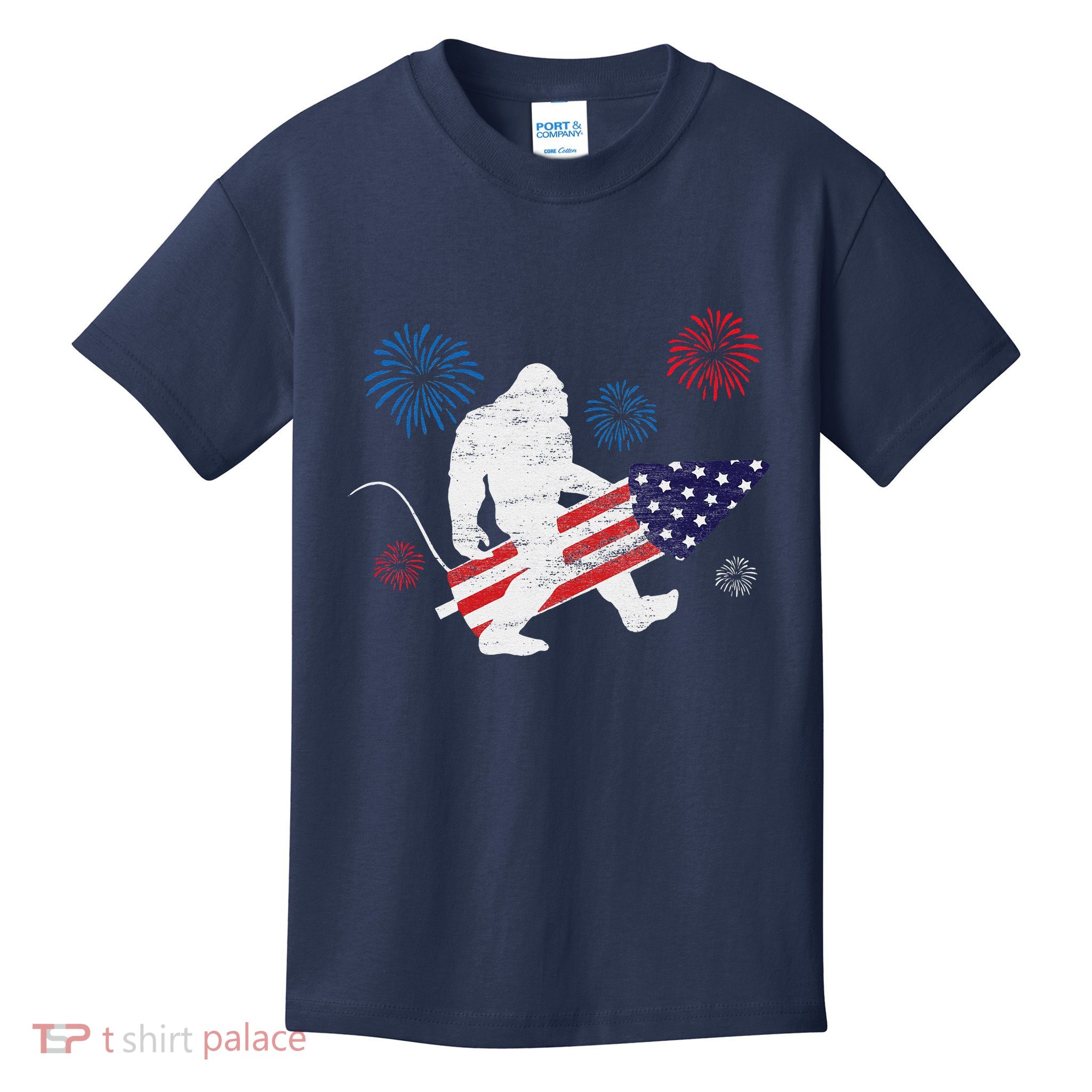 Bigfoot Fireworks Funny 4th Of July Sasquatch Patriotic Kids T-Shirt