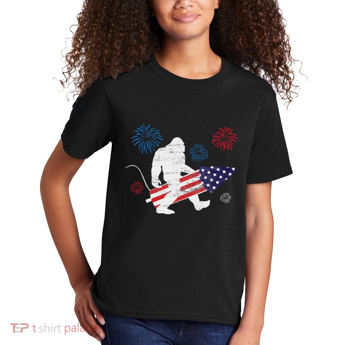 Bigfoot Fireworks Funny 4th Of July Sasquatch Patriotic Kids T-Shirt