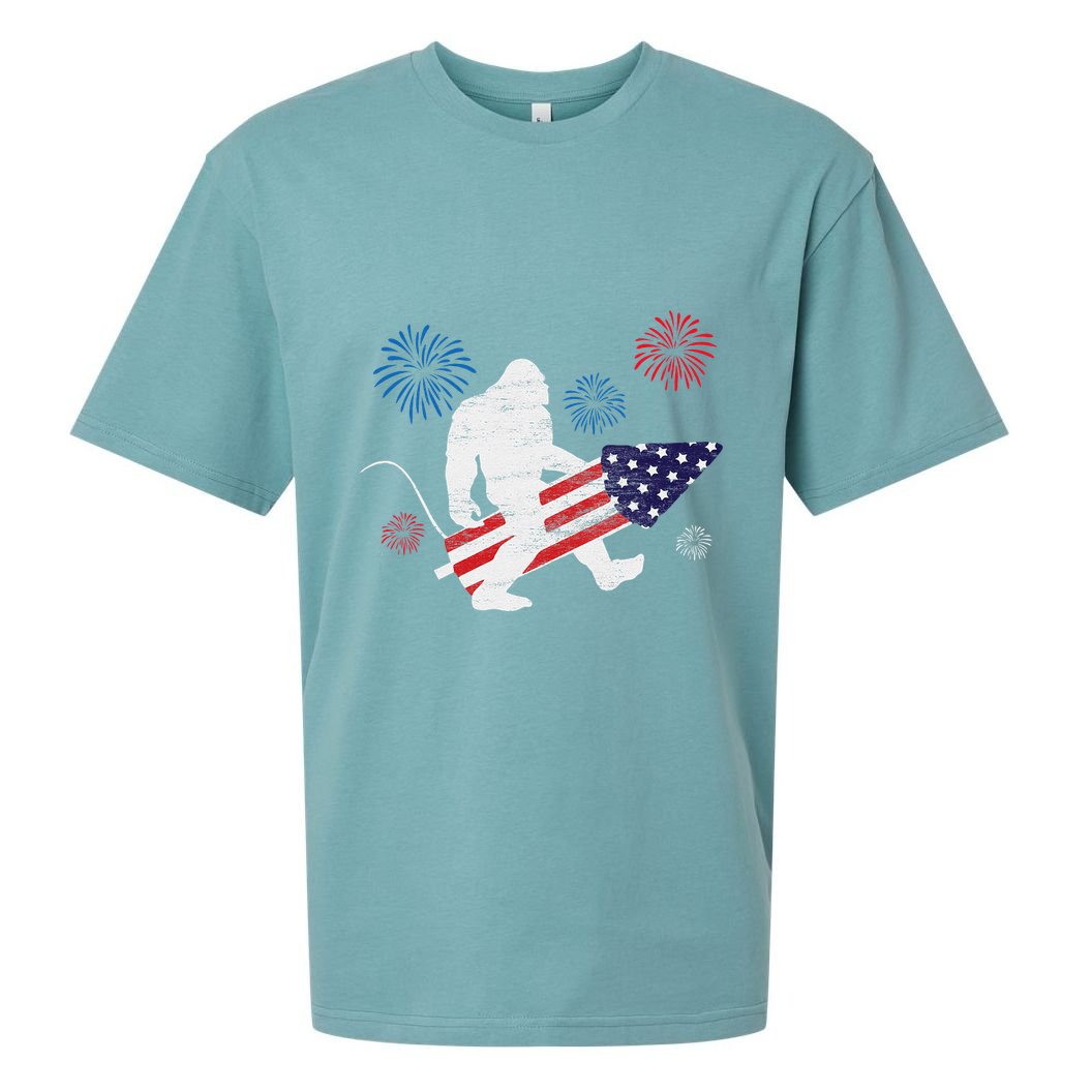 Bigfoot Fireworks Funny 4th Of July Sasquatch Patriotic Sueded Cloud Jersey T-Shirt