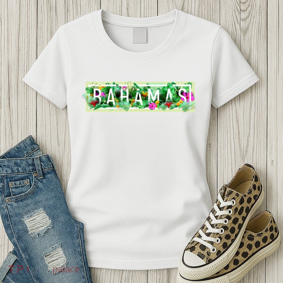 Bahamas Framed Floral Design Womens T-Shirt