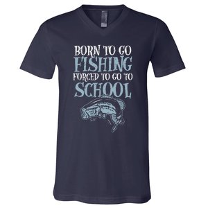 Born Fishing Forced To School Funny Bass Fish Fisherman ,Short Sleeve V-Neck T-Shirt