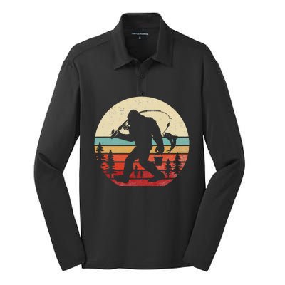 Bigfoot Fishing Funny Retro Sasquatch Dad Silk Touch Performance Long Sleeve Polo