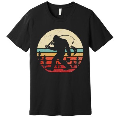 Bigfoot Fishing Funny Retro Sasquatch Dad Premium T-Shirt