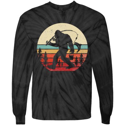 Bigfoot Fishing Funny Retro Sasquatch Dad Tie-Dye Long Sleeve Shirt