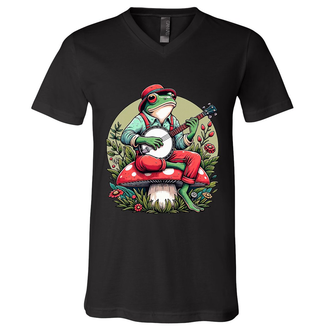 Banjo Froggy Fungi Serenade Cool Funny Frog Mystical Forest V-Neck T-Shirt