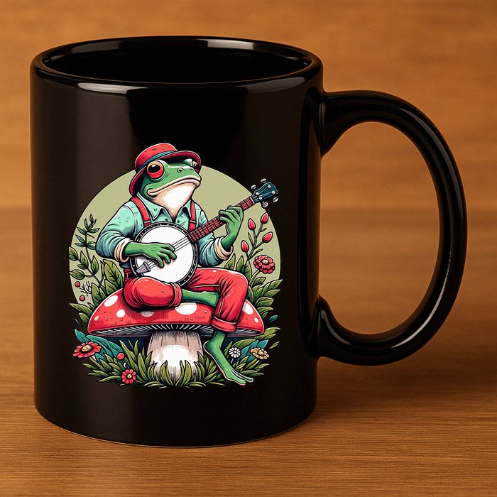 Banjo Froggy Fungi Serenade Cool Funny Frog Mystical Forest 11oz C Handle Ceramic Mug