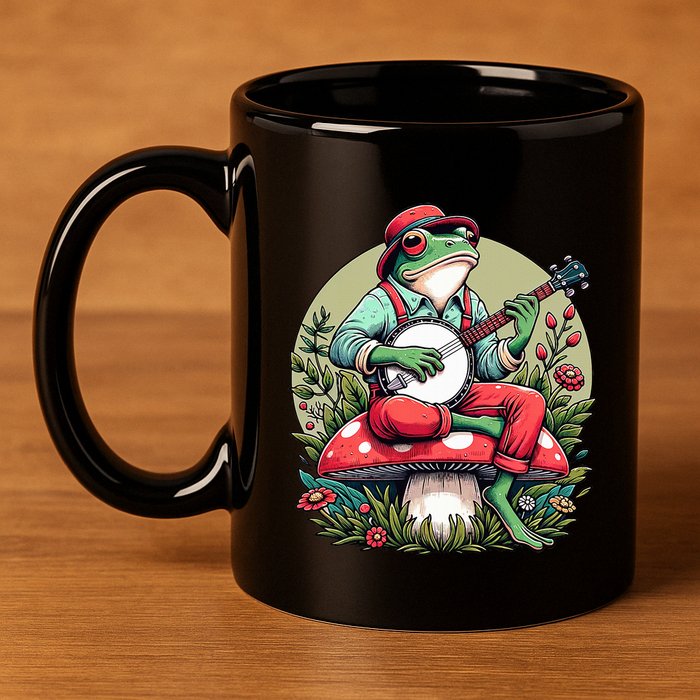 Banjo Froggy Fungi Serenade Cool Funny Frog Mystical Forest 11oz C Handle Ceramic Mug